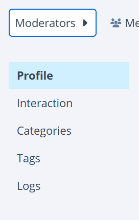 The image shows a user interface menu with options for "Moderators," "Profile," "Interaction," "Categories," "Tags," and "Logs." (Captioned by AI)