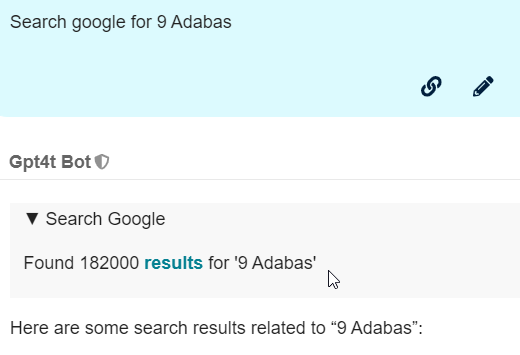 The image shows a screenshot of a search result page with the query "9 Adabas" entered, displaying that 182,000 results have been found.