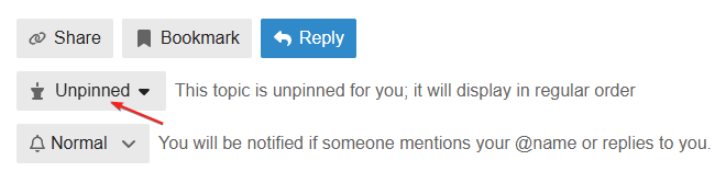 The image shows an online post interface with options to share, bookmark, and reply, labeled under "Unpinned" and "Normal," where "Normal" is selected and displays that notifications will be provided for mentions. (Captioned by AI)