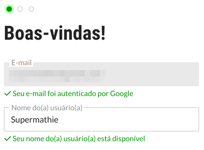 The image shows a Google account verification screen with the greeting "Boas-vindas!" and confirms that the user's email and username "Supermathie" are confirmed and available. (Captioned by AI)